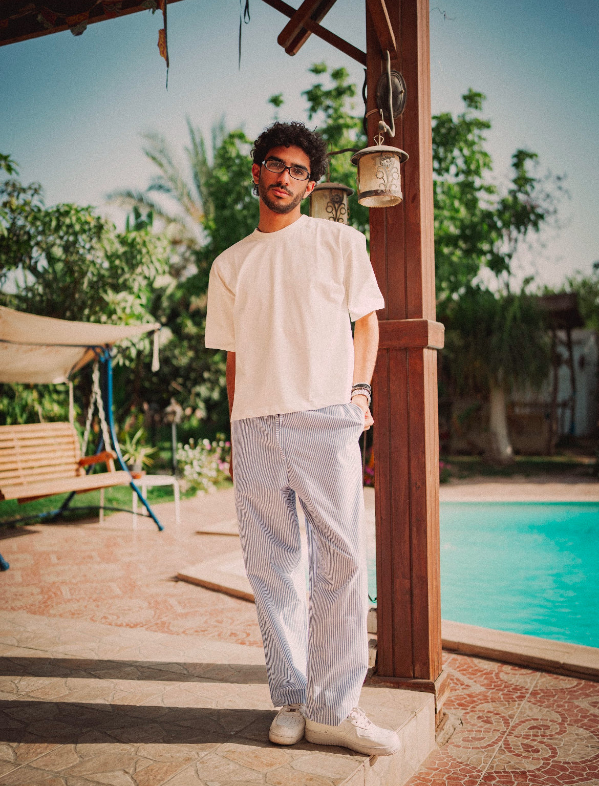 Corvielle | Sophisticated Blue Striped Top & Hem-Detailed Pants